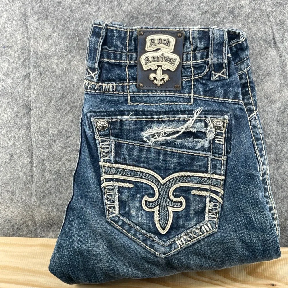 Rock Revival Helicon Jean Men 32x28 Blue Distressed Embroidered Straight Grunge